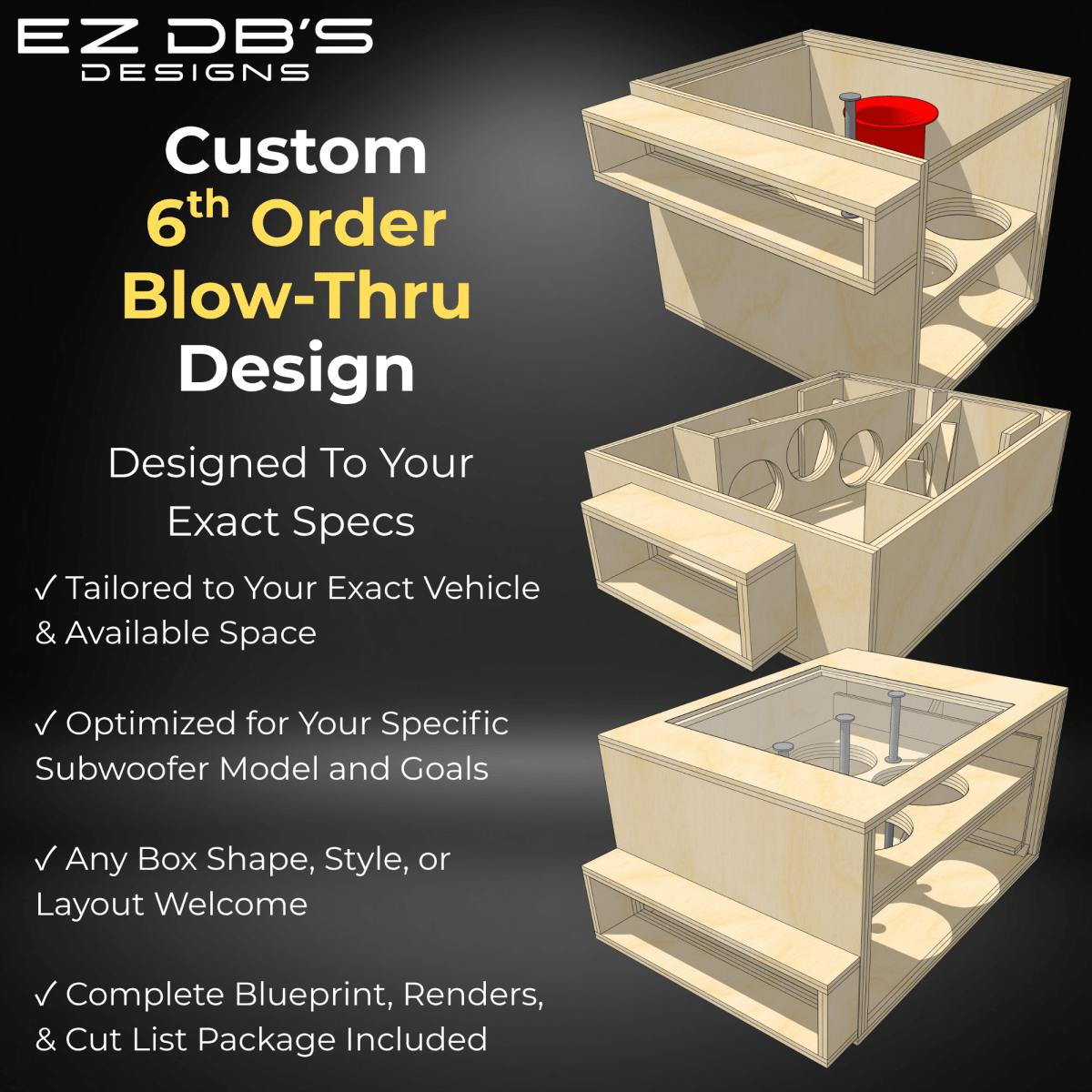 Custom 6th order bandpass blow-thru subwoofer box design blueprint