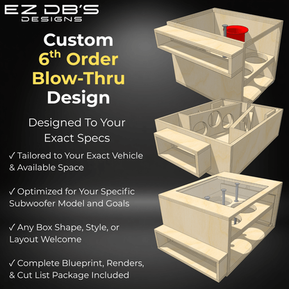 Custom 6th order bandpass blow-thru subwoofer box design blueprint