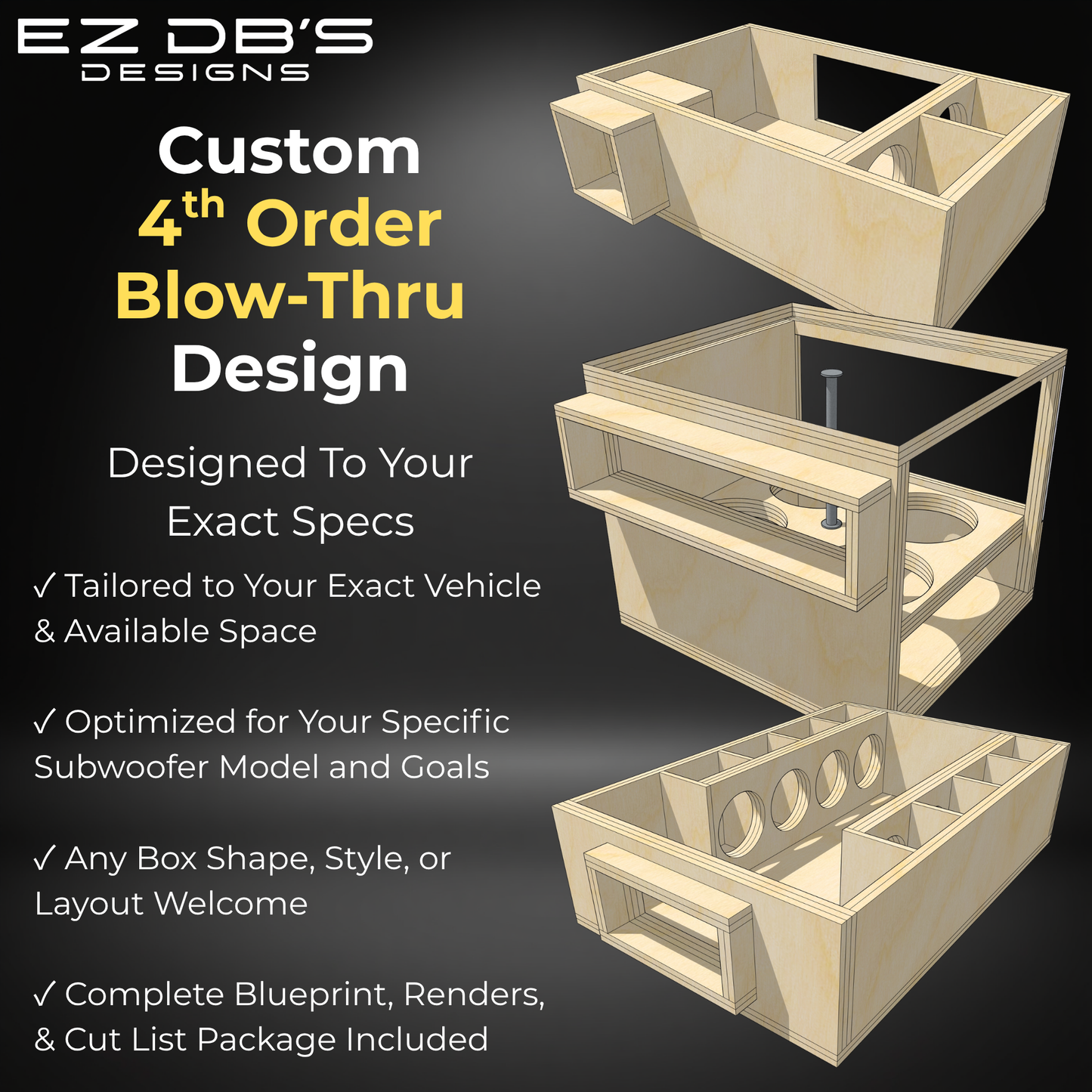 Custom 4th order blow-thru truck bed subwoofer box design blueprint from EZ DB's Designs
