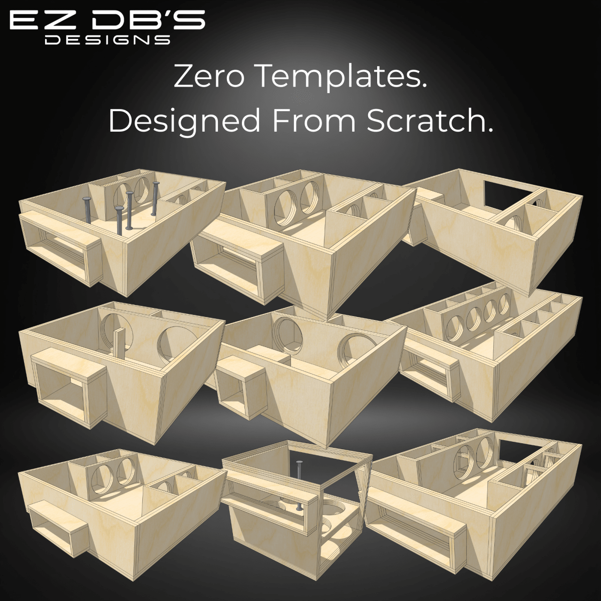 A high-density 9-box portfolio matrix showcasing custom 4th order subwoofer box designs by EZ DB's Designs
