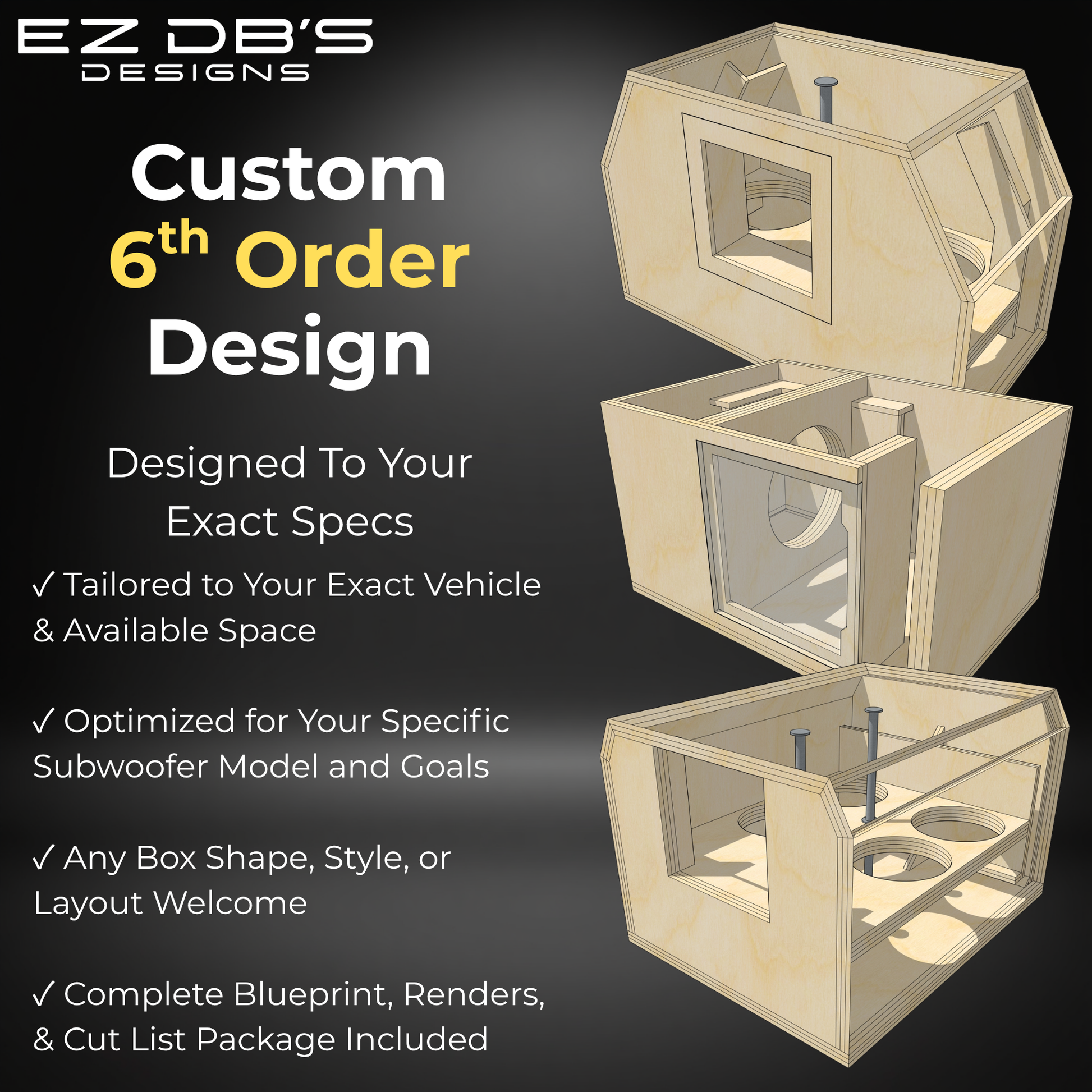 Custom 6th order blow-thru truck bed subwoofer box design blueprint from EZ DB's Designs