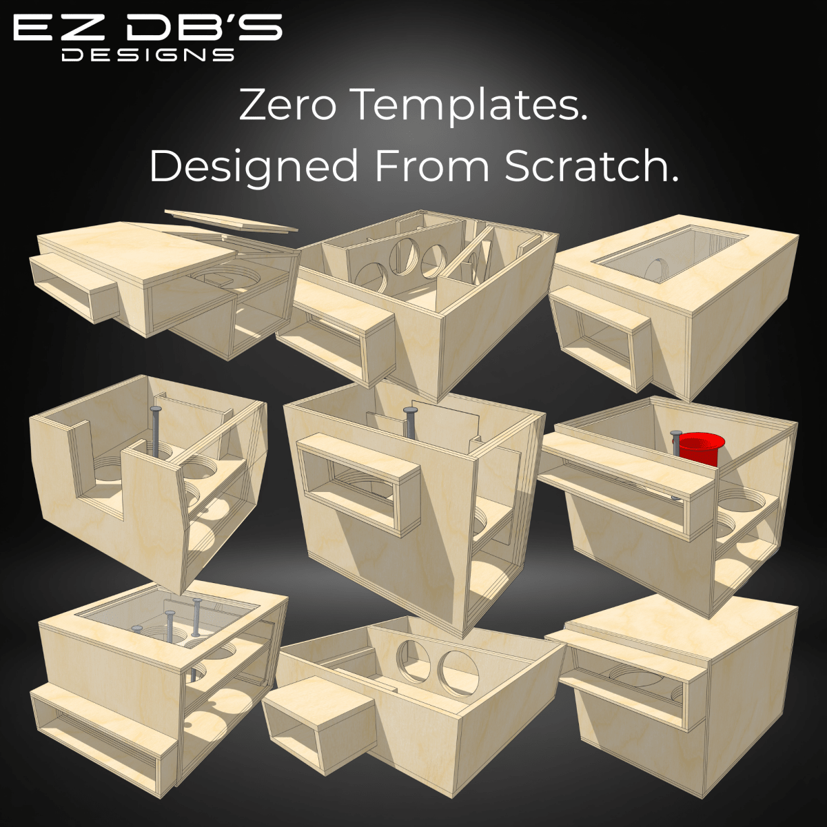 A high-density 9-box portfolio matrix displaying custom 6th order subwoofer box designs by EZ DB's Designs
