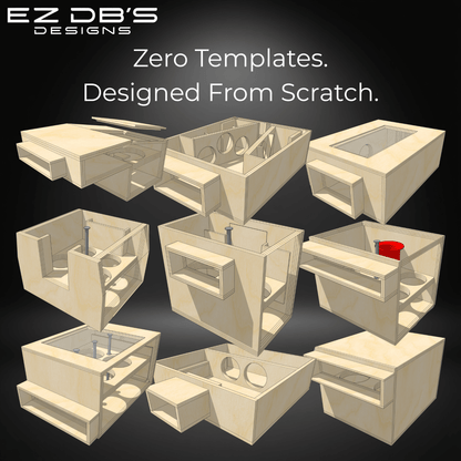 A high-density 9-box portfolio matrix displaying custom 6th order subwoofer box designs by EZ DB's Designs