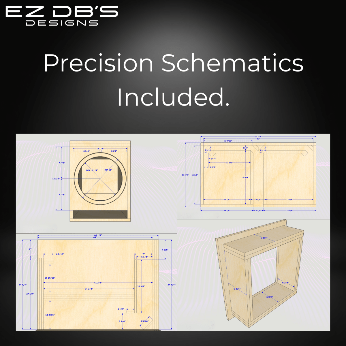 EZ DB's Designs precision CAD schematics showing custom subwoofer enclosure blueprint preview