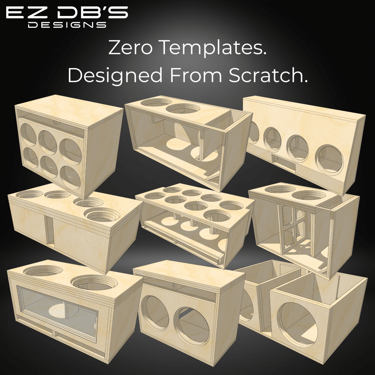 A high-density 9-box portfolio matrix showcasing custom ported subwoofer box designs by EZ DB's Designs