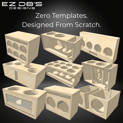 A high-density 9-box portfolio matrix showcasing custom ported subwoofer box designs by EZ DB's Designs