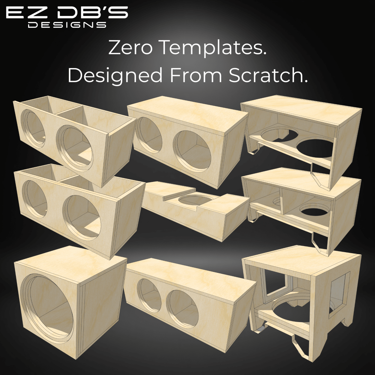 A high-density 9-box portfolio matrix showcasing custom sealed subwoofer box designs by EZ DB's Designs