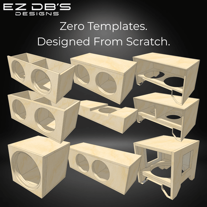 A high-density 9-box portfolio matrix showcasing custom sealed subwoofer box designs by EZ DB's Designs