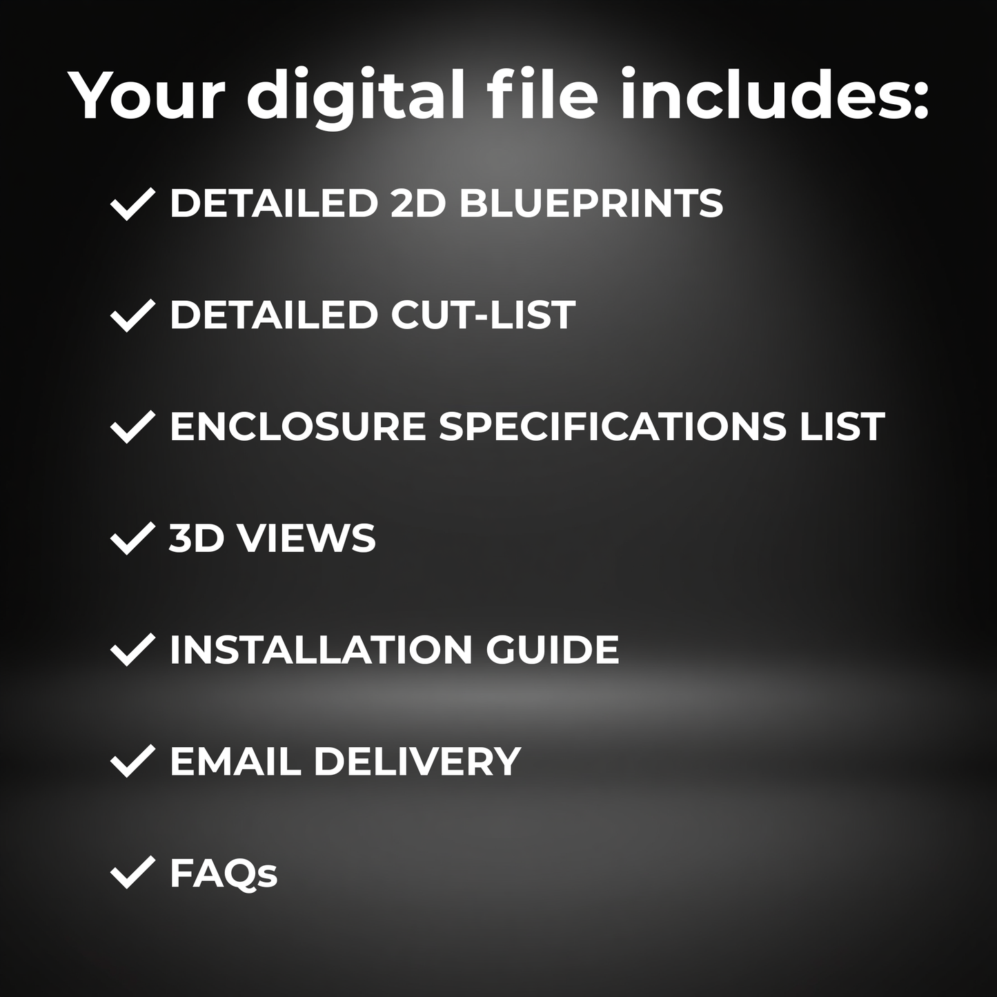 High-ticket deliverables checklist graphic for EZ DB's Designs custom subwoofer box blueprints, showcasing that every package includes 3D renders, a detailed cut sheet layout, precise independent panel dimensions, and a clear master material list.