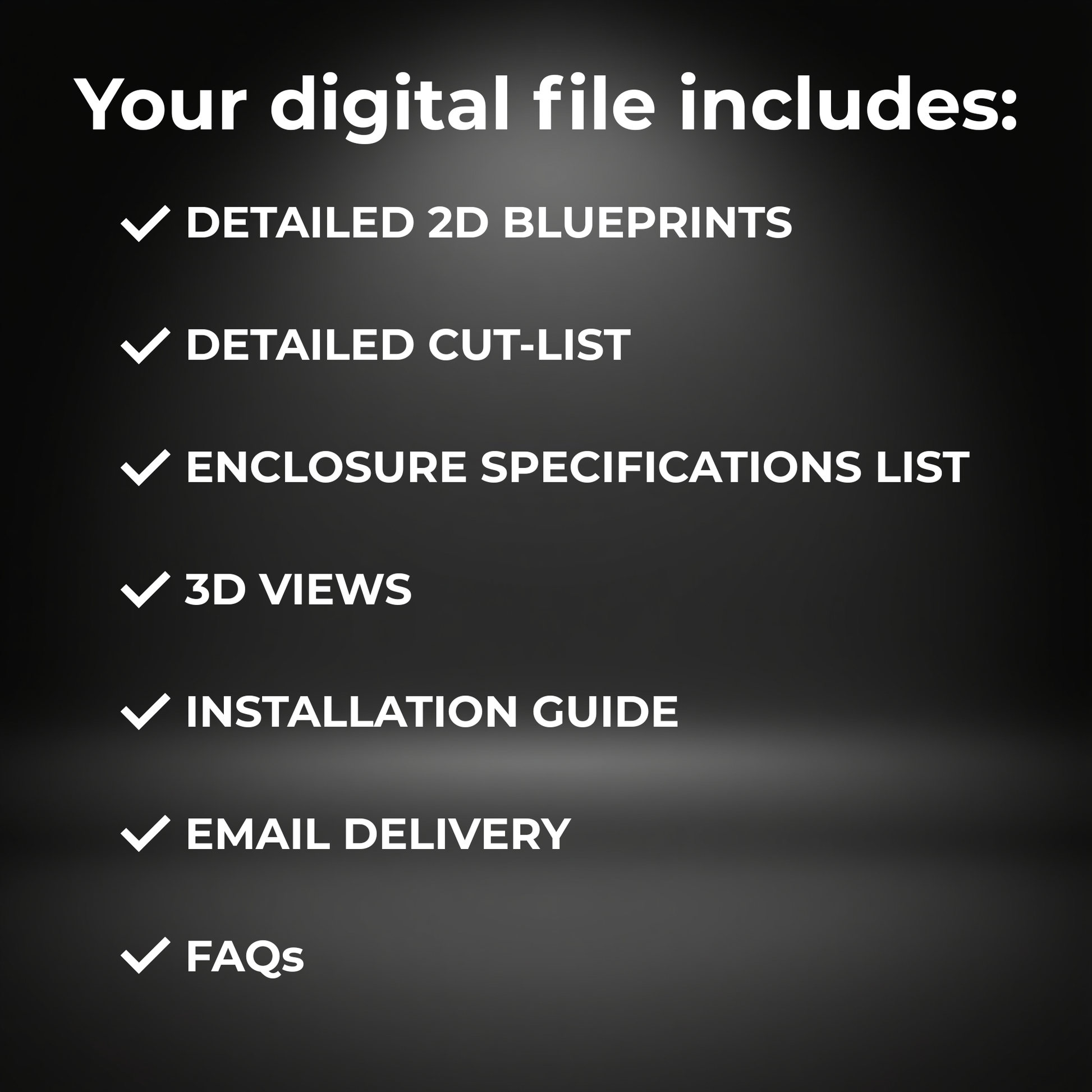 High-ticket deliverables checklist graphic for EZ DB's Designs custom subwoofer box blueprints, showcasing that every package includes 3D renders, a detailed cut sheet layout, precise independent panel dimensions, and a clear master material list.