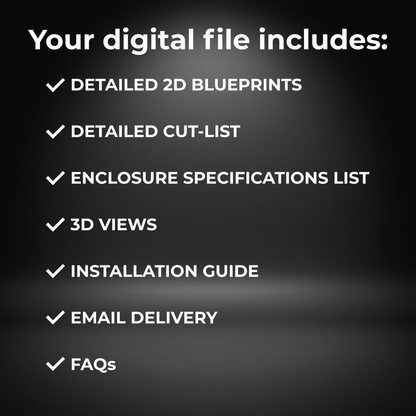 High-ticket deliverables checklist graphic for EZ DB's Designs custom subwoofer box blueprints, showcasing that every package includes 3D renders, a detailed cut sheet layout, precise independent panel dimensions, and a clear master material list.