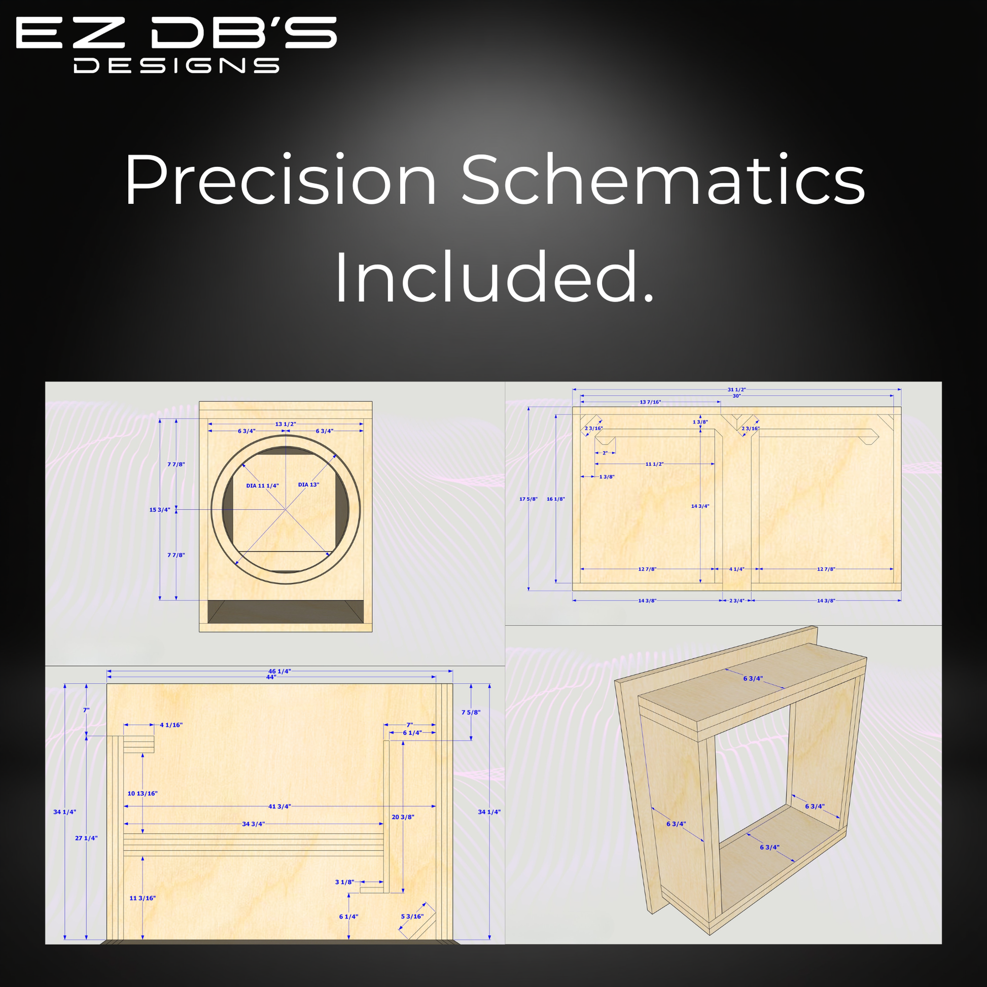 A comprehensive technical CAD blueprints preview slide by EZ DB's Designs, displaying sample 2D assembly schematics, precise panel dimensions, material fractions, and structural engineering layouts for various custom subwoofer enclosure types.