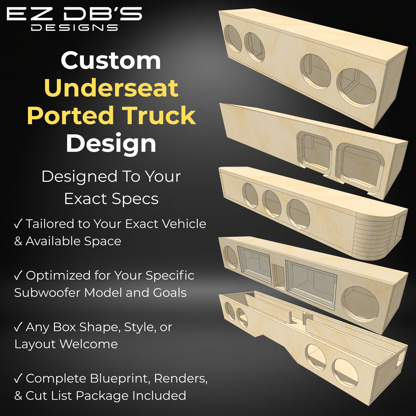 Custom underseat truck subwoofer box design blueprint from EZ DB's Designs