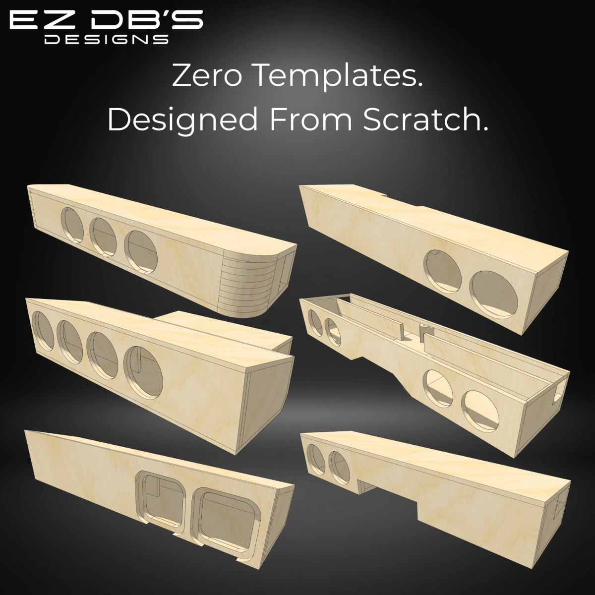 A high-density 6-box portfolio matrix displaying custom underseat subwoofer box designs by EZ DB's Designs