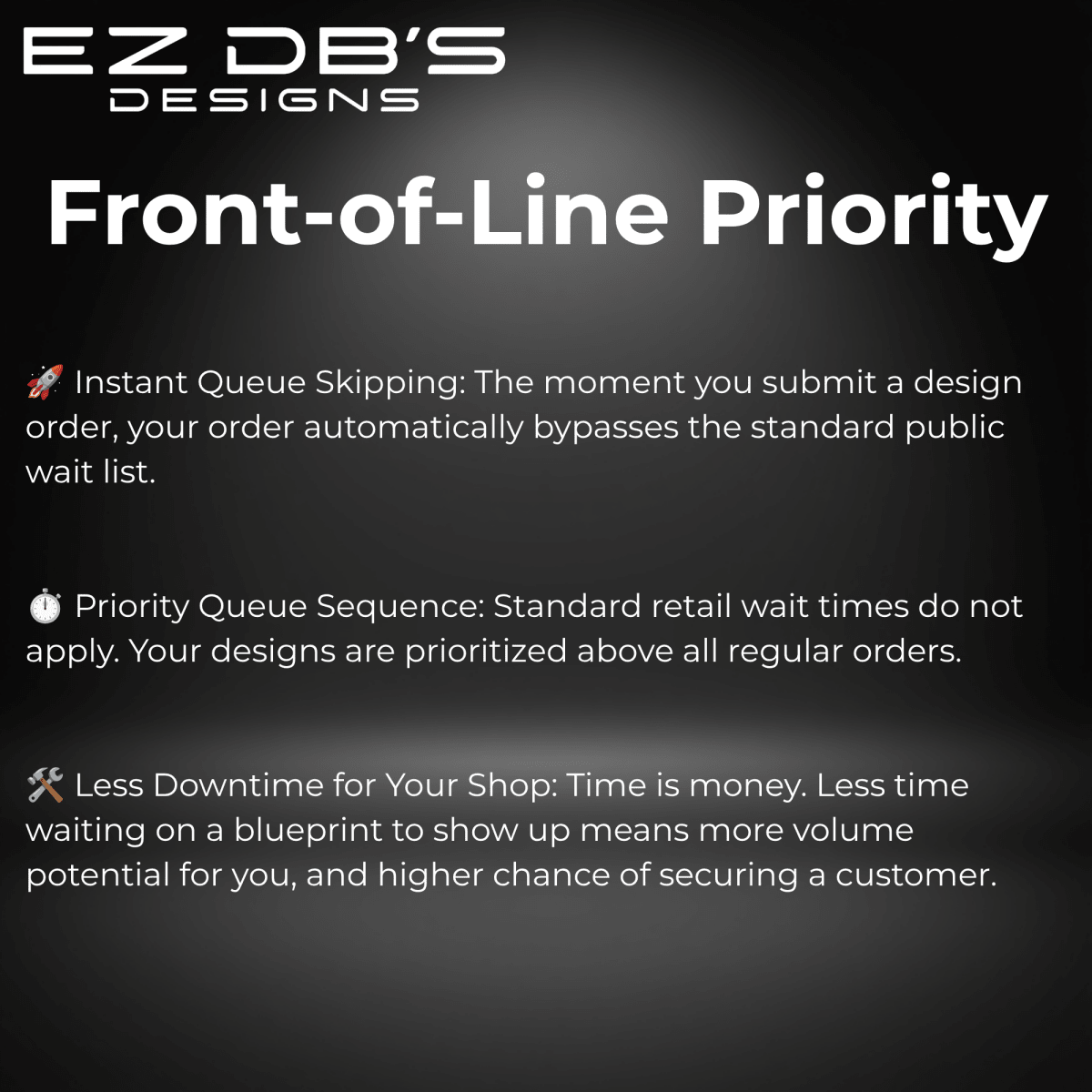 Promotional service slide for EZ DB's Designs front-of-line priority expedited design service