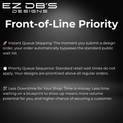 Promotional service slide for EZ DB's Designs front-of-line priority expedited design service