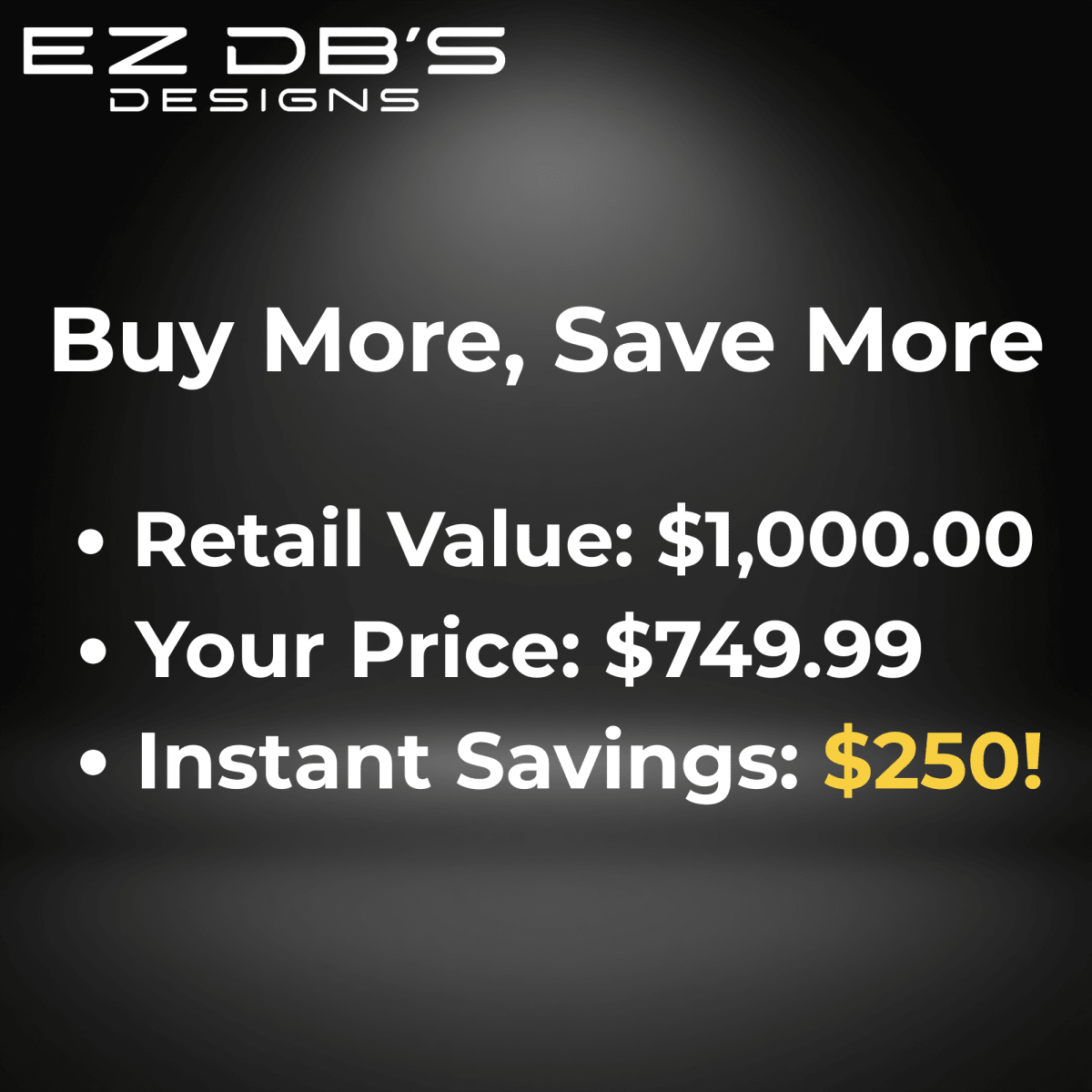 Promotional marketing slide for EZ DB's Designs VIP Pro Credit — buy more, save more with store credit