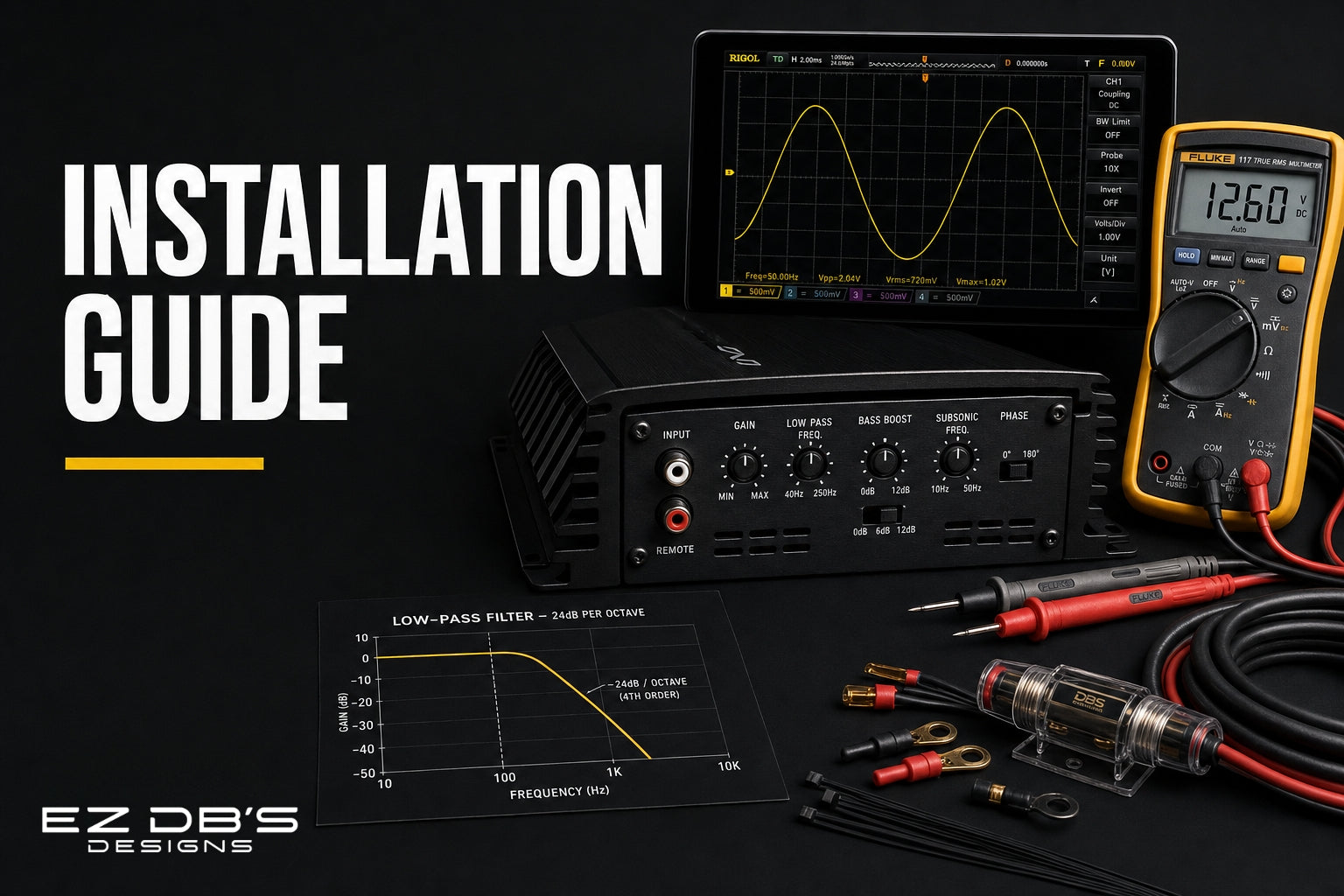 Car audio amplifier, multimeter, and wiring components laid out for subwoofer box installation guide
